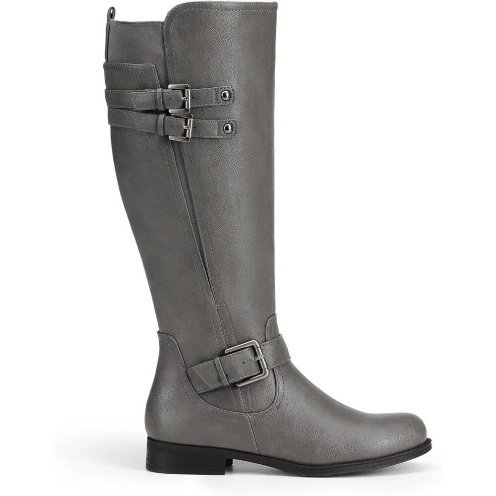 Women's Faux Leather Grey Knee High Buckle Chunky Heel Flat Riding Pirate Boots